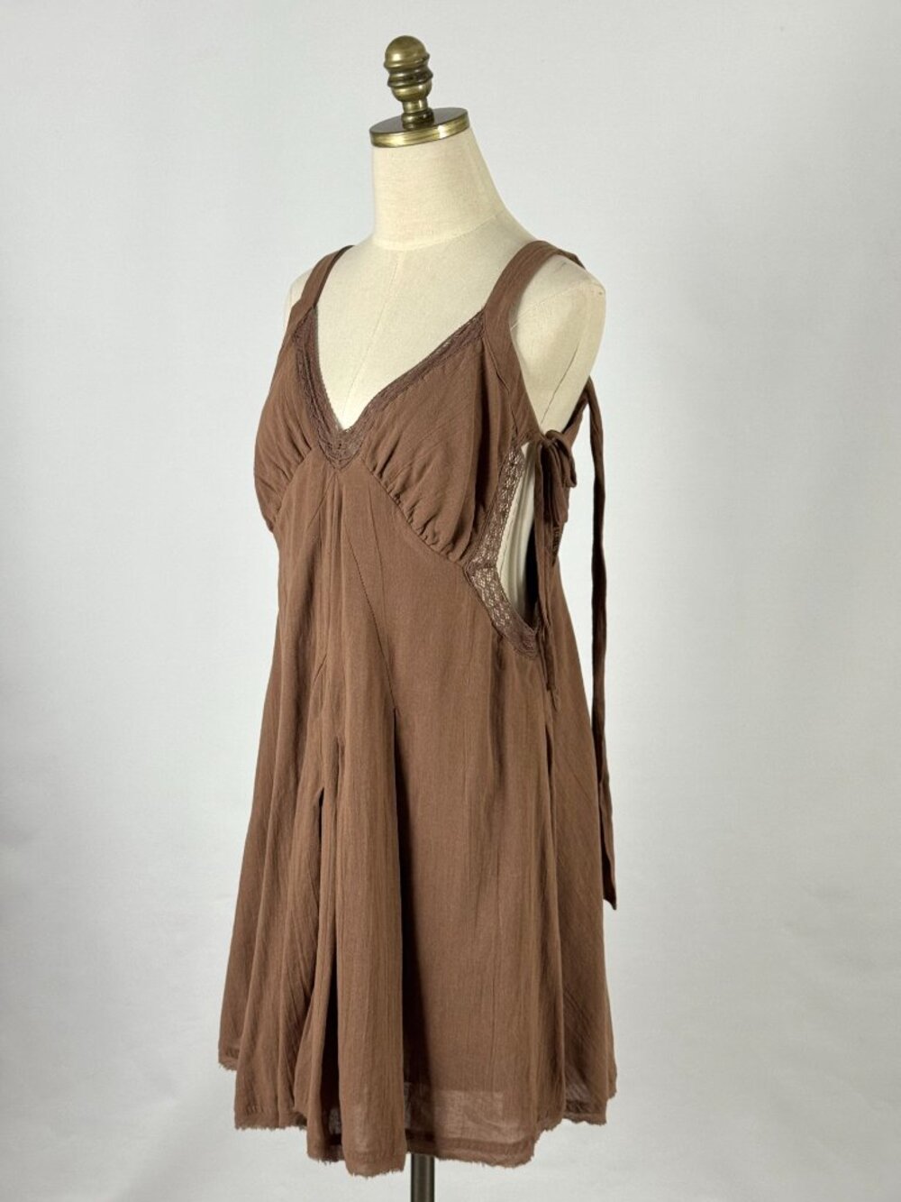 Free People Vivi Brown Babydoll Mini Dress Lace Trim Ties Cotton Boho Festival